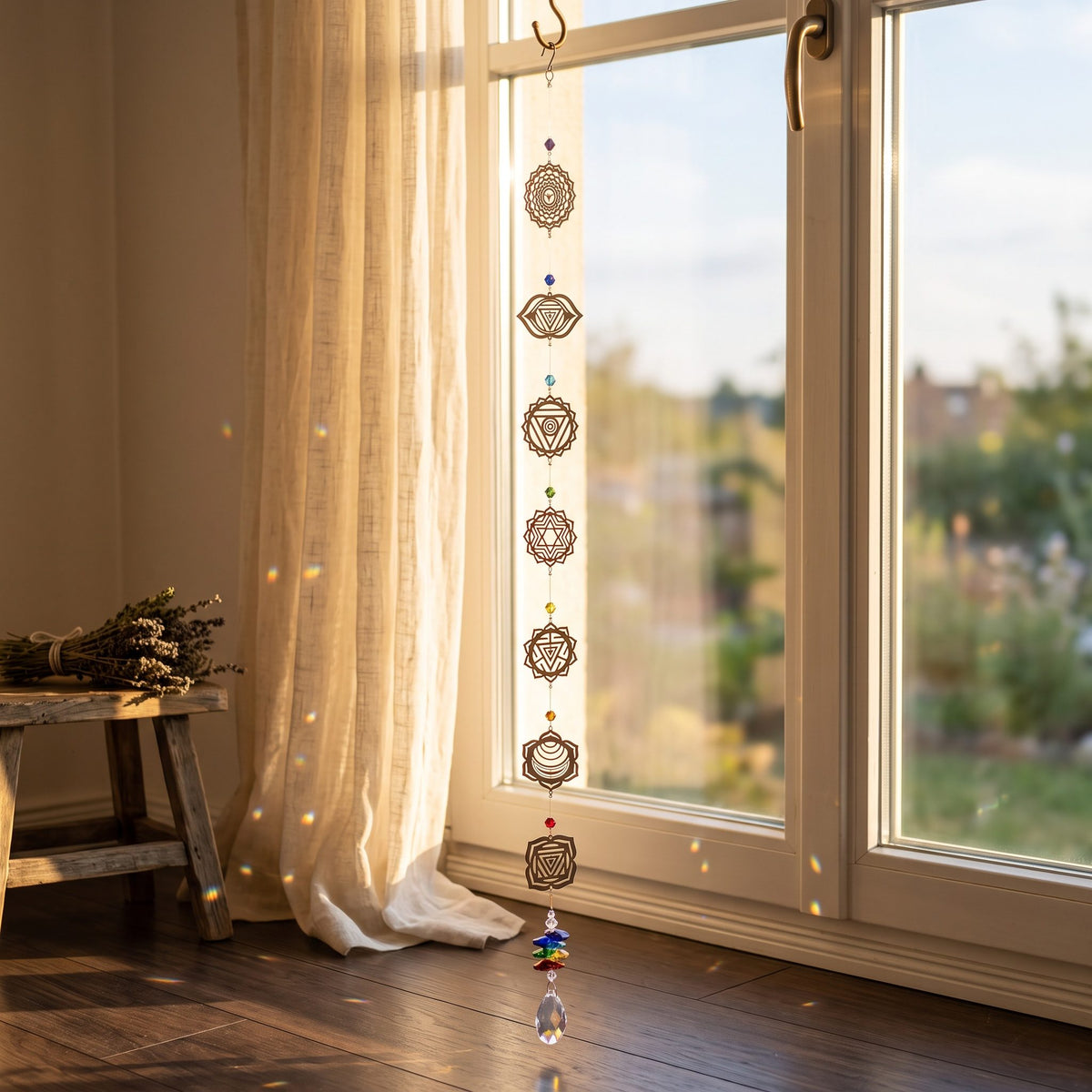 Chakra Suncatcher am hohen Fenster mit Vorhang, sieben Symbole übereinander, Lichtpunkte auf dem Holzboden