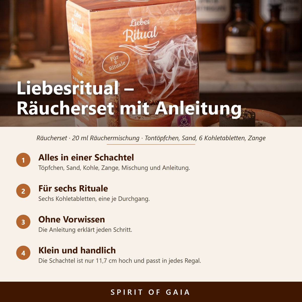 Übersicht zu Liebesritual: Alles in einer Schachtel, Für sechs Rituale, Ohne Vorwissen, Klein und handlich