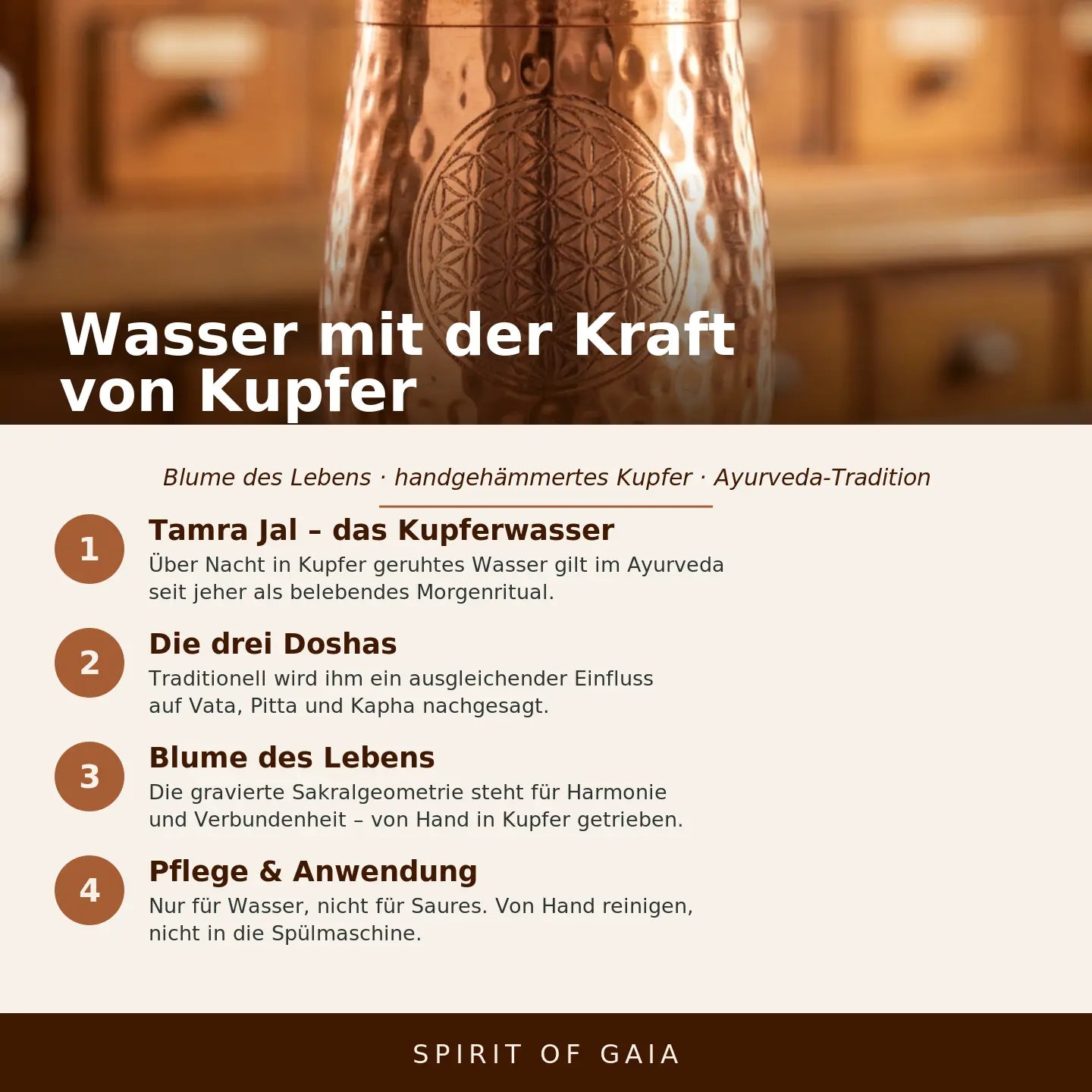Infografik: Wasser mit der Kraft von Kupfer – Blume des Lebens, Spirit of Gaia