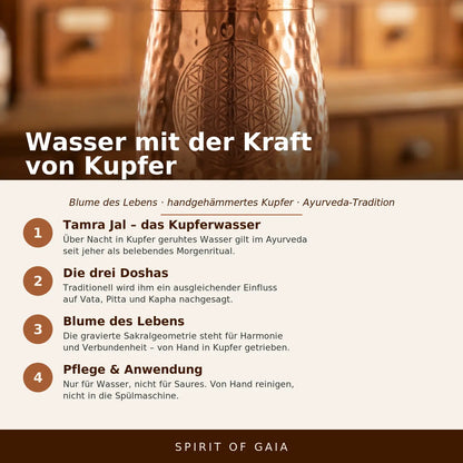 Infografik: Wasser mit der Kraft von Kupfer – Blume des Lebens, Spirit of Gaia