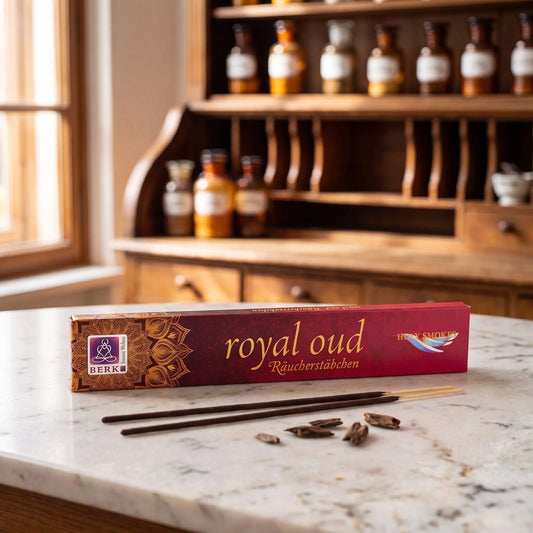 Räucherstäbchen Royal Oud von Berk: Packung auf einer Marmortheke vor einem Apothekerschrank, davor zwei lose Räucherstäbchen und kleine Stücke Adlerholz – Spirit of Gaia