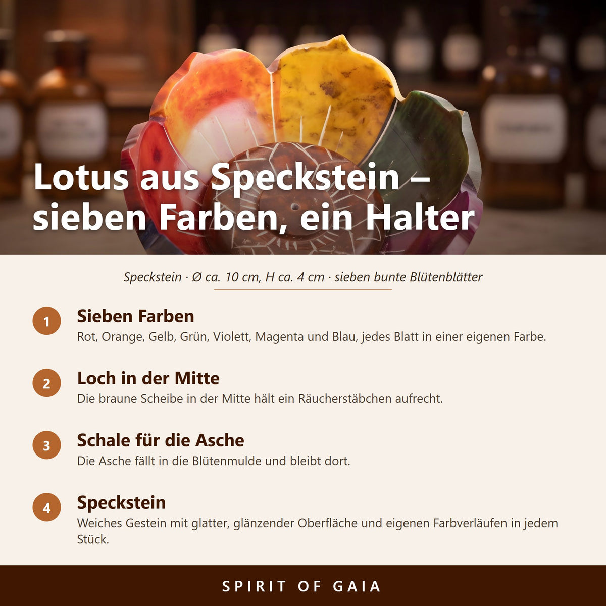 Übersicht zu Lotus-Halter aus Speckstein: Sieben Farben, Loch in der Mitte, Schale für die Asche, Speckstein