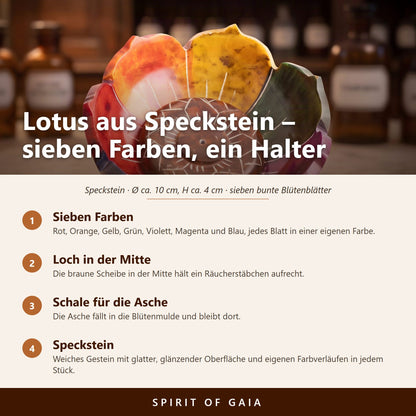 Übersicht zu Lotus-Halter aus Speckstein: Sieben Farben, Loch in der Mitte, Schale für die Asche, Speckstein