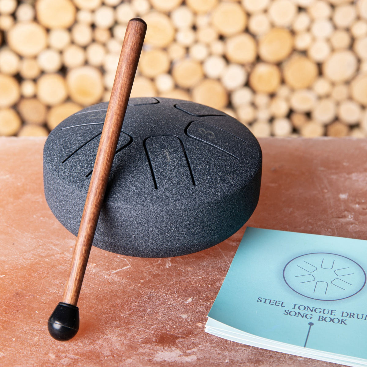 Die kleine dunkelblaue Steeldrum mit Klangstab und dem kleinen Liederbuch