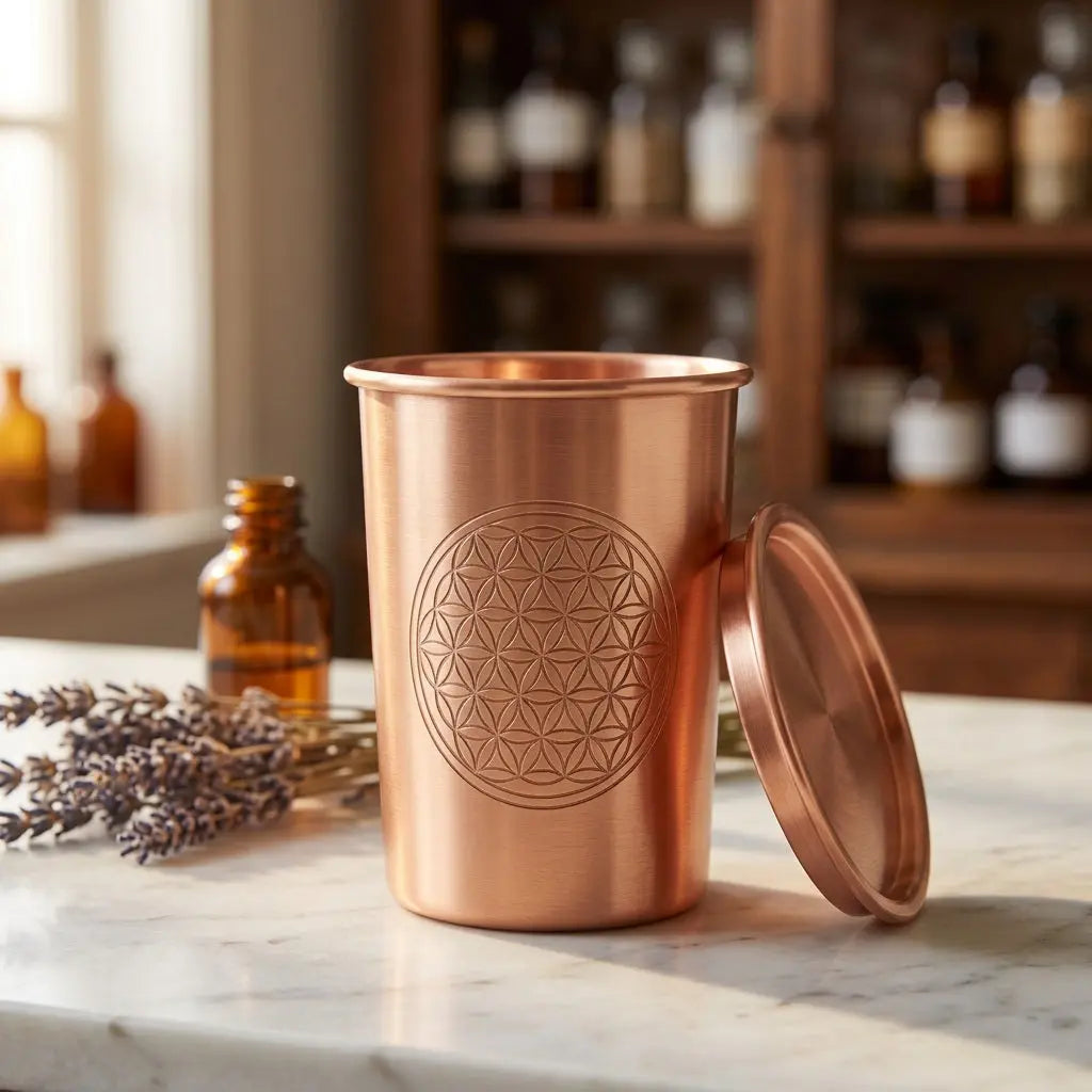 Kupferbecher Flower of Life mit separatem Deckel, Lavendel und Apothekerfläschchen im Apotheker-Look