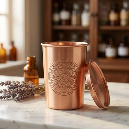 Kupferbecher Flower of Life mit separatem Deckel, Lavendel und Apothekerfläschchen im Apotheker-Look