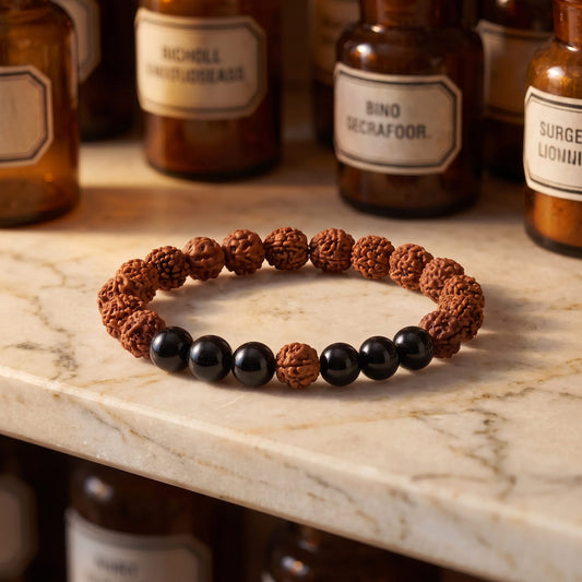 Rudraksha Armband mit schwarzem Turmalin von Berk auf einer Marmortheke vor braunen Glasflaschen