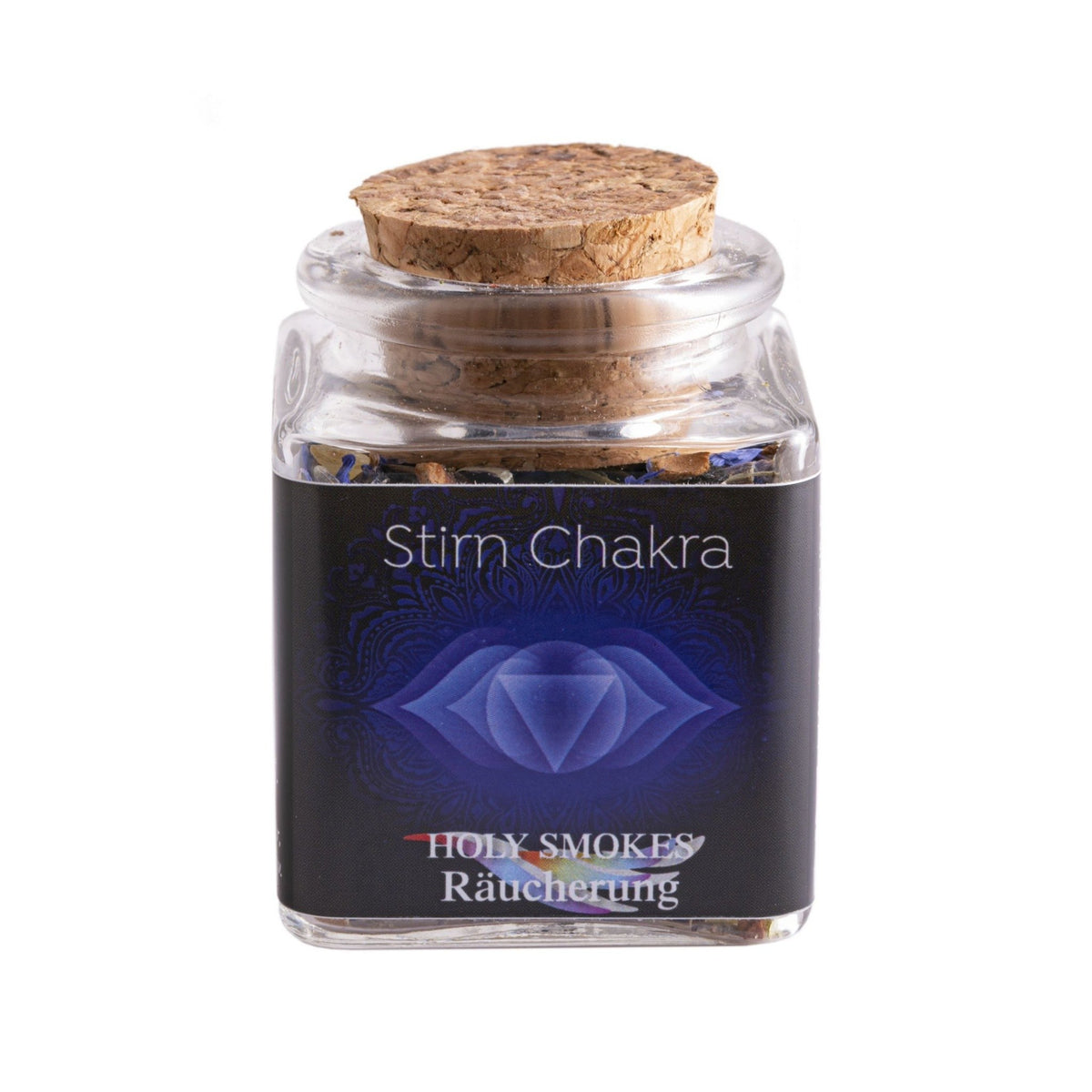 Stirnchakra, Chakra-Räuchermischung von Berk, 50 ml im Korkglas: Korkglas mit schwarzem Chakra-Etikett, freigestellt auf Weiß