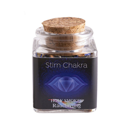 Stirnchakra, Chakra-Räuchermischung von Berk, 50 ml im Korkglas: Korkglas mit schwarzem Chakra-Etikett, freigestellt auf Weiß