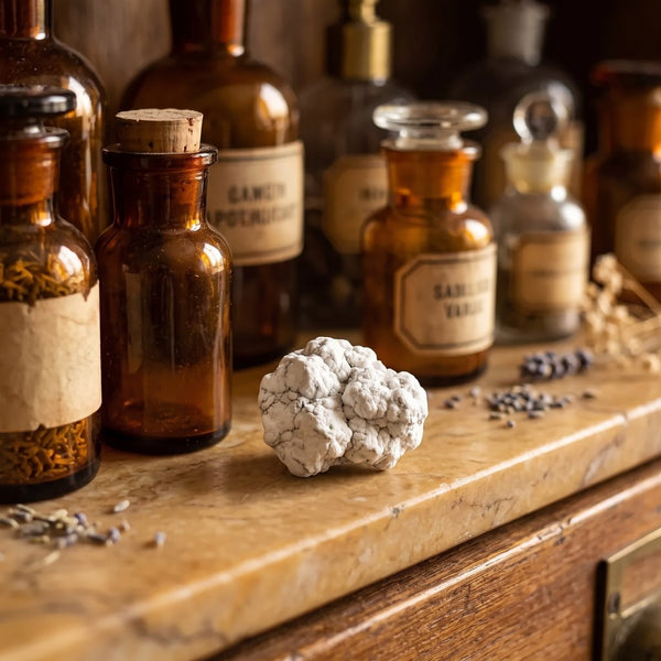 Ungefärbter Magnesit, weiß mit grauen Adern, als Rohstein auf dem Marmorbrett eines Apothekerschranks