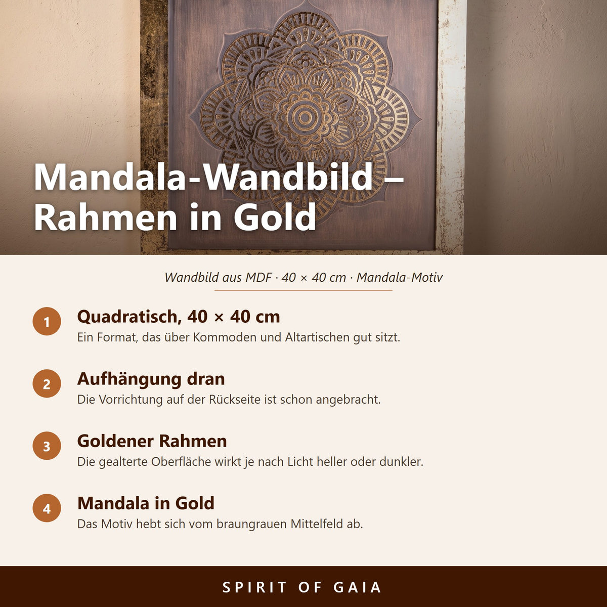 Übersicht zum Mandala-Wandbild mit goldenem Rahmen: 40 × 40 cm, MDF, Aufhängung auf der Rückseite