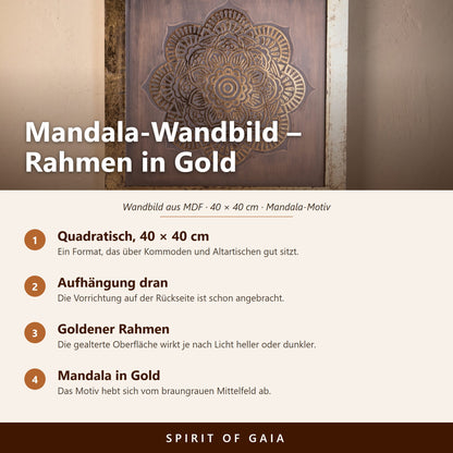 Übersicht zum Mandala-Wandbild mit goldenem Rahmen: 40 × 40 cm, MDF, Aufhängung auf der Rückseite
