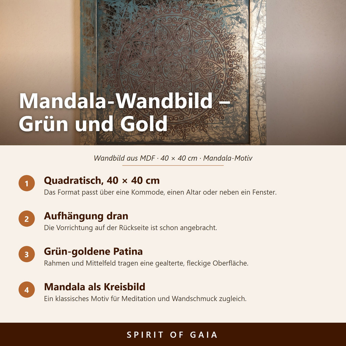 Übersicht zum Mandala-Wandbild in Grün und Gold: 40 × 40 cm, MDF, Aufhängung auf der Rückseite