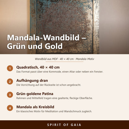 Übersicht zum Mandala-Wandbild in Grün und Gold: 40 × 40 cm, MDF, Aufhängung auf der Rückseite