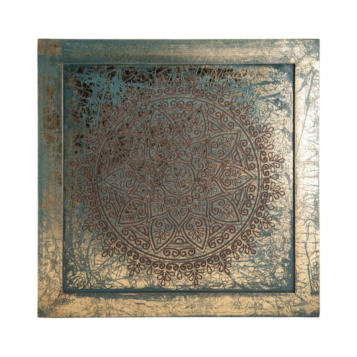 Mandala-Wandbild in Grün und Gold, freigestellt auf weißem Grund