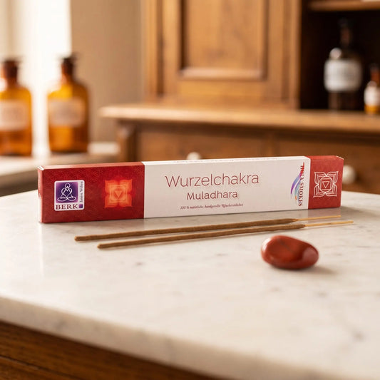 Wurzelchakra Räucherstäbchen Holy Smokes: Packung auf einer Marmortheke vor einem Apothekerschrank, daneben zwei lose Räucherstäbchen und ein roter Jaspis – Spirit of Gaia