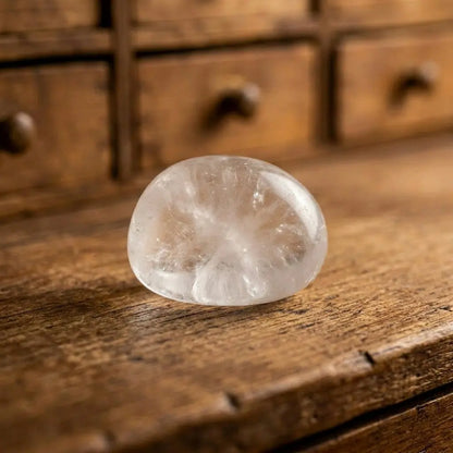 Bergkristall Trommelstein – Detail-Makro der polierten klaren Oberfläche