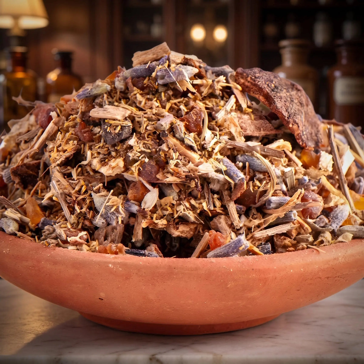 Gegen Albträume, Räuchermischung der Reihe Kraftvoll Räuchern von Berk, 60 ml im Bügelglas: Nahaufnahme der Terracottaschale mit Wurzeln, Rinden und Lavendel vor der warmen, unscharfen Abendapotheke – Spirit of Gaia
