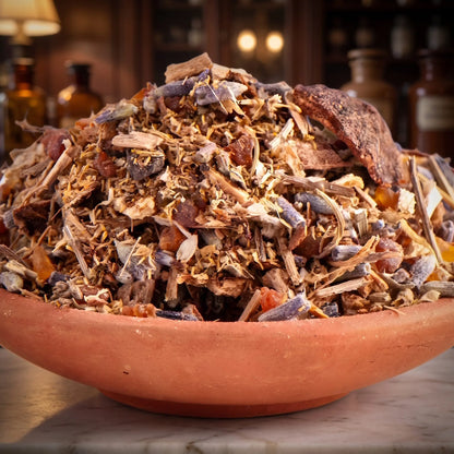 Gegen Albträume, Räuchermischung der Reihe Kraftvoll Räuchern von Berk, 60 ml im Bügelglas: Nahaufnahme der Terracottaschale mit Wurzeln, Rinden und Lavendel vor der warmen, unscharfen Abendapotheke – Spirit of Gaia