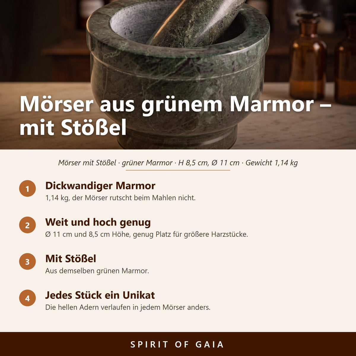 Übersicht zu Mörser aus grünem Marmor mit Stößel: Dickwandiger Marmor, Weit und hoch genug, Mit Stößel, Jedes Stück ein Unikat