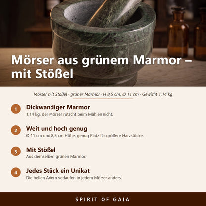 Übersicht zu Mörser aus grünem Marmor mit Stößel: Dickwandiger Marmor, Weit und hoch genug, Mit Stößel, Jedes Stück ein Unikat