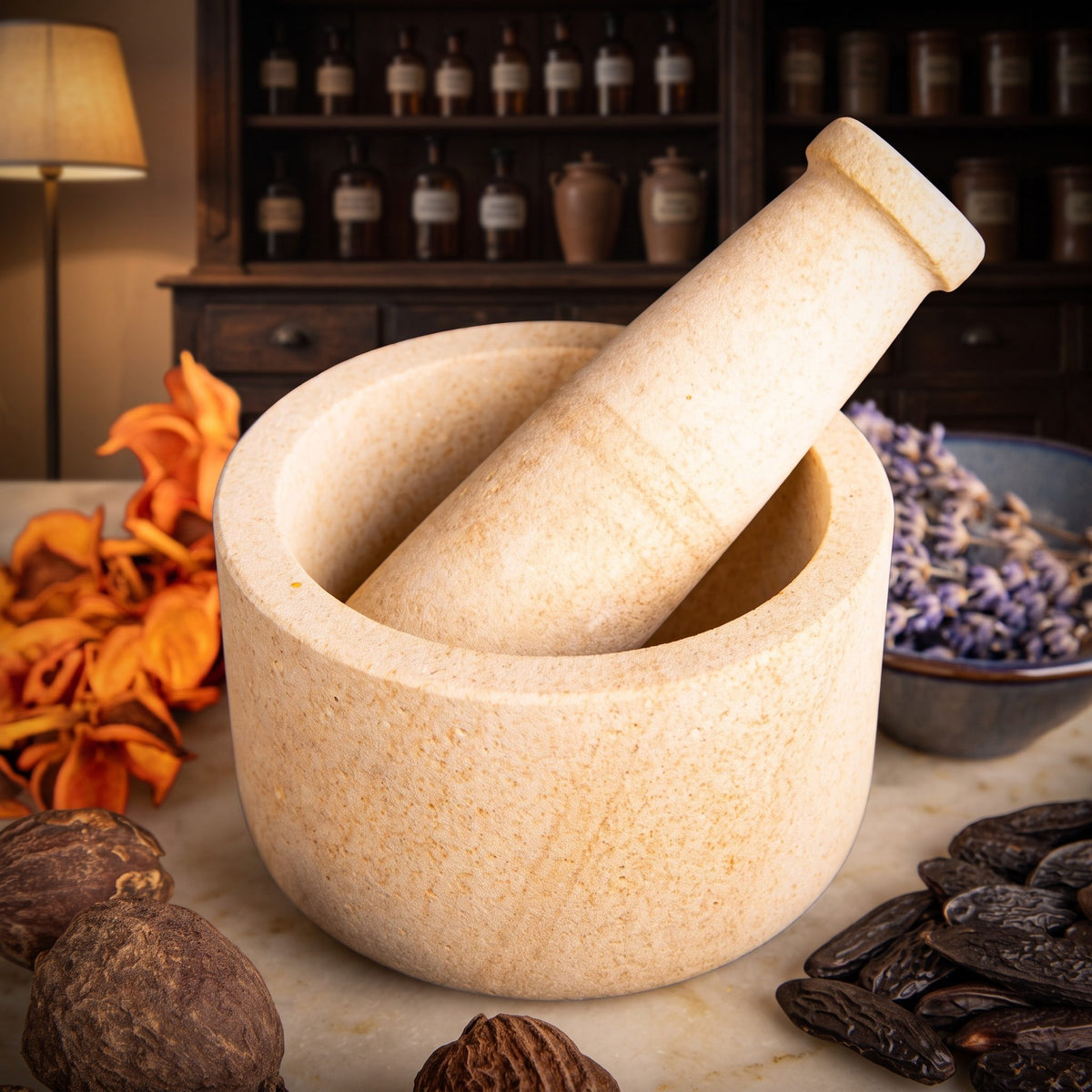 Mörser aus Sandstein mit Stößel, getrockneten Blüten, Tonkabohnen und einer Schale Lavendel auf der Apothekentheke