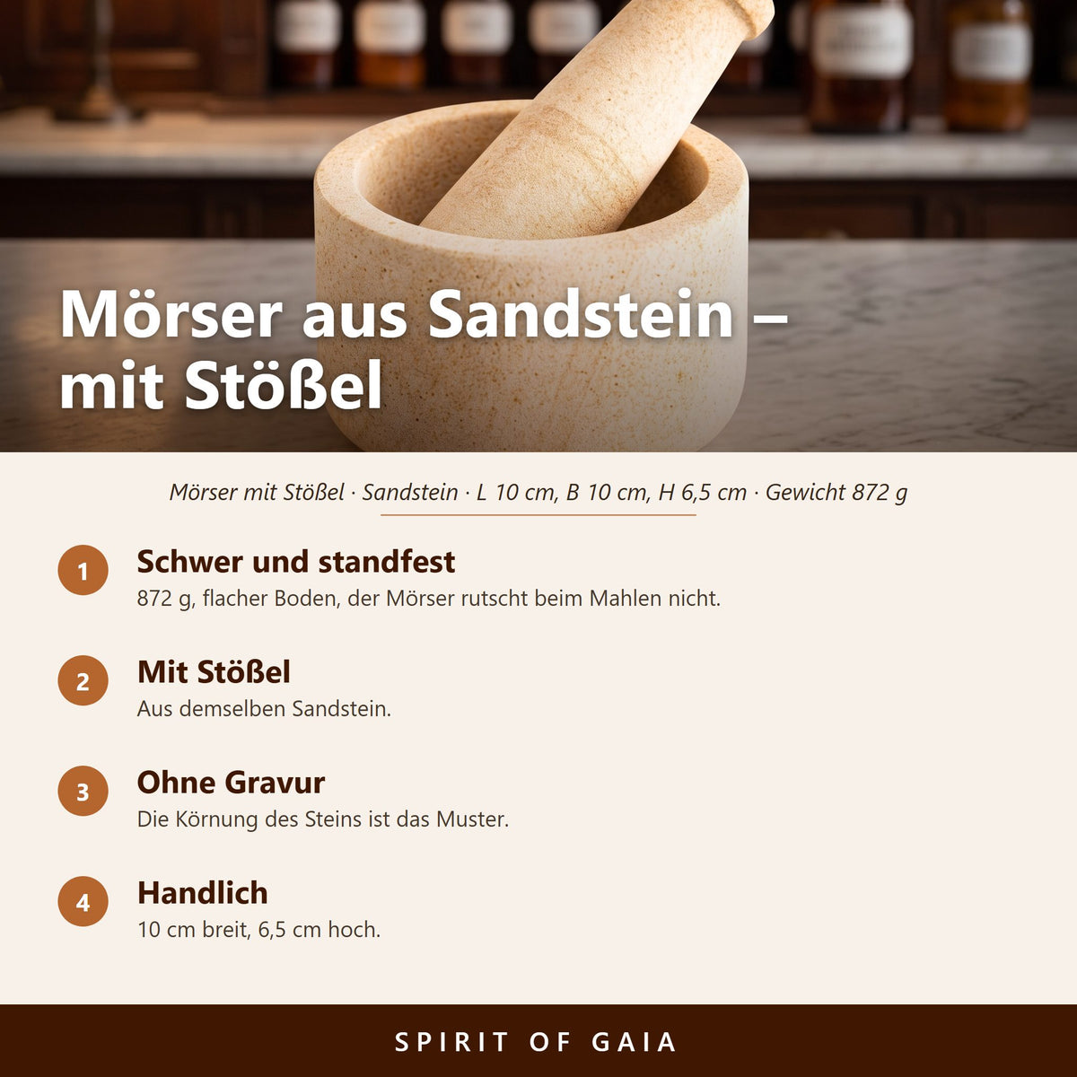 Übersicht zu Mörser aus Sandstein mit Stößel: Schwer und standfest, Mit Stößel, Ohne Gravur, Handlich