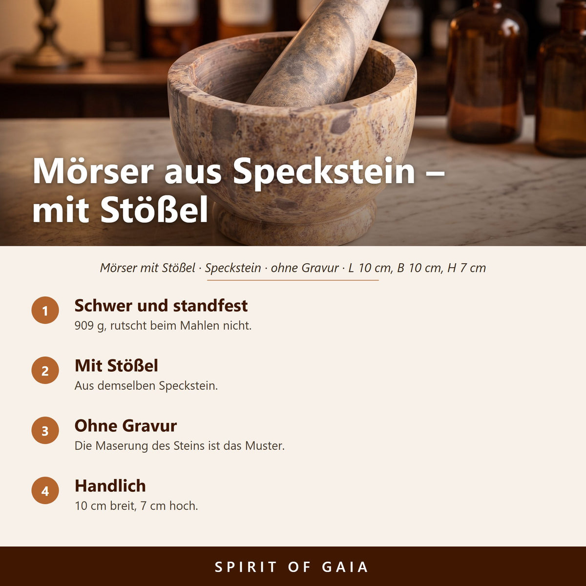 Übersicht zu Mörser aus Speckstein mit Stößel: Schwer und standfest, Mit Stößel, Ohne Gravur, Handlich