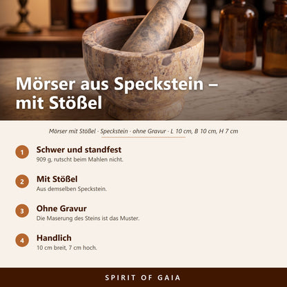 Übersicht zu Mörser aus Speckstein mit Stößel: Schwer und standfest, Mit Stößel, Ohne Gravur, Handlich