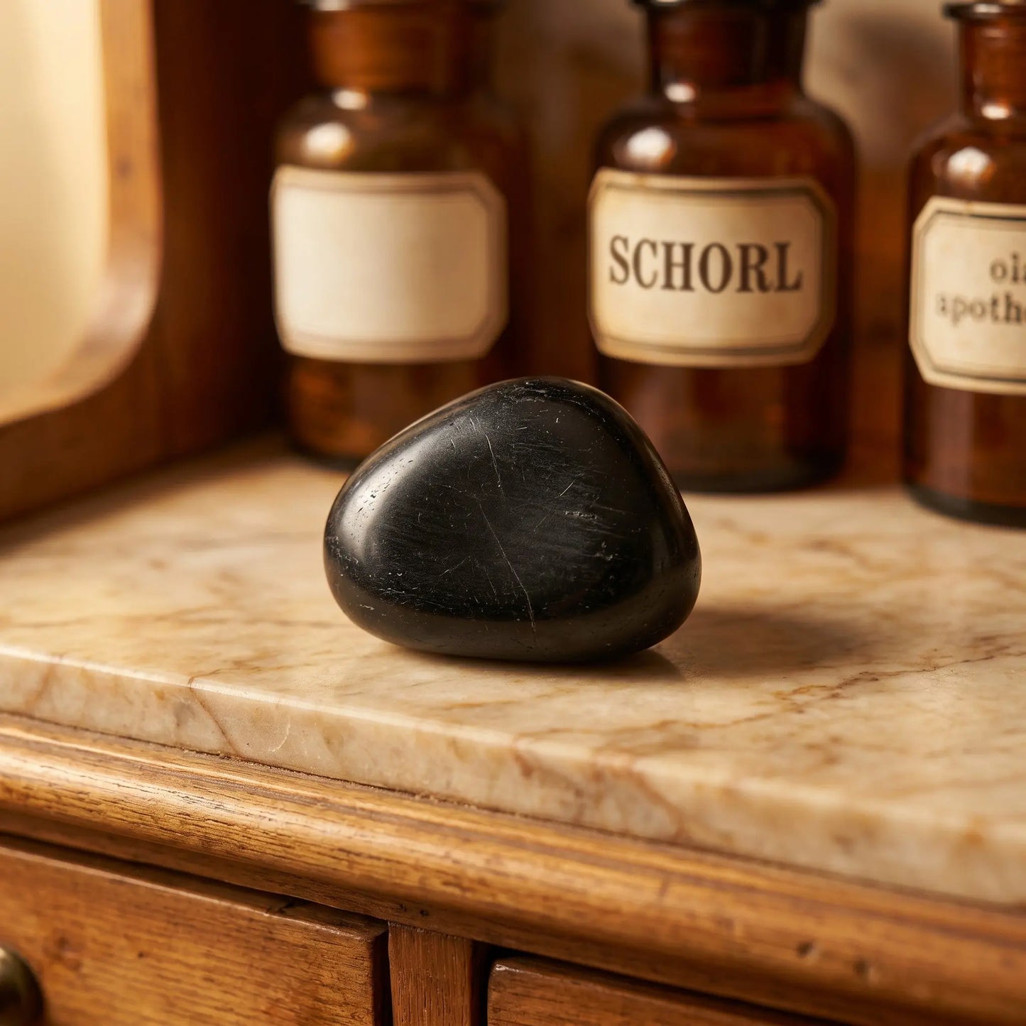 Schwarzer Turmalin Trommelstein – tiefschwarzer Schutzstein im Apothekerschrank mit Apothekergläsern