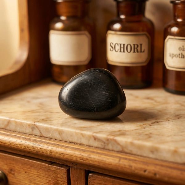 Schwarzer Turmalin Trommelstein – tiefschwarzer Schutzstein im Apothekerschrank mit Apothekergläsern