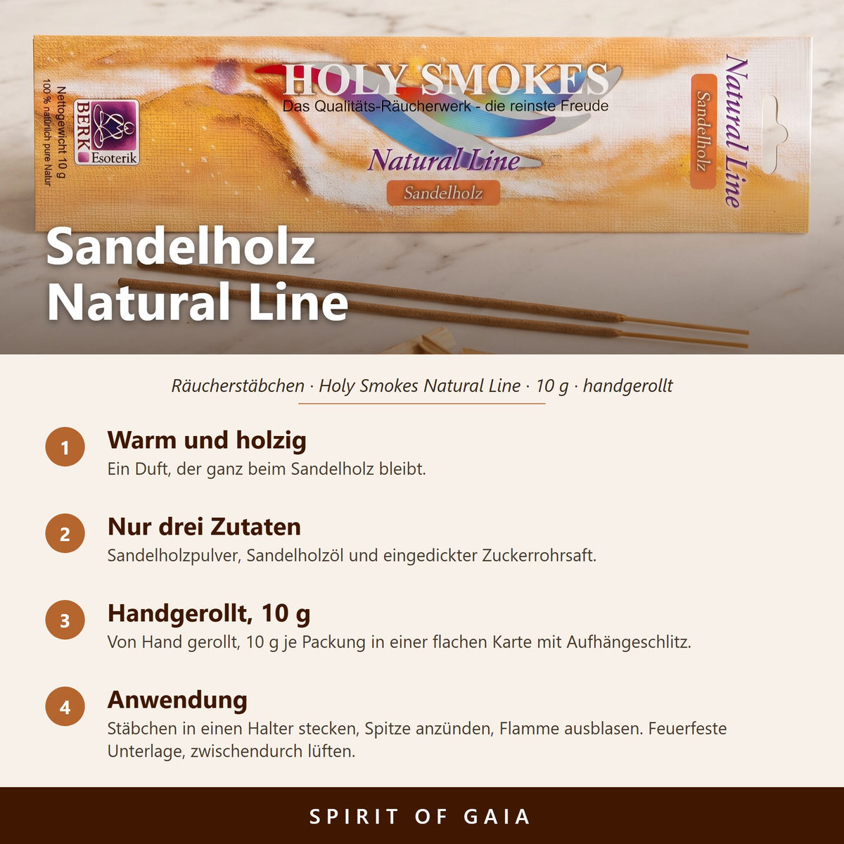 Übersicht zu Sandelholz Natural Line: Duft, Zutaten, handgerollt, 10 g, Anwendung