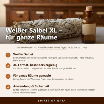 Infografik: Weißer Salbei XL – für ganze Räume, ergiebig, Anwendung und Sicherheit
