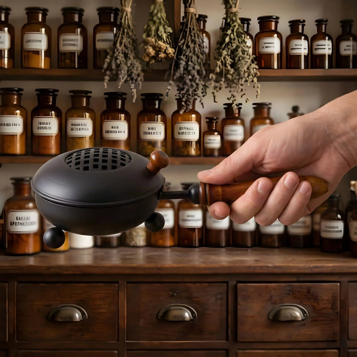 Hand hält das Räuchergefäß Mahan am 28 Zentimeter langen Holzgriff vor einem Apothekerregal