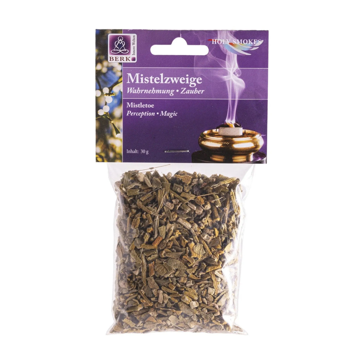 Mistelzweige, sortenreines Räucherwerk von Berk, 30 g: Tüte mit violettem Kartonkopf, freigestellt auf Weiß