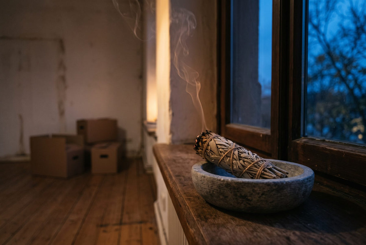 Eine leere Altbauwohnung mit Dielenboden in der Abenddämmerung, im Hintergrund Umzugskartons, auf der Fensterbank ein glimmendes Salbeibündel in einer Specksteinschale, feiner Rauch im warmen Lampenlicht