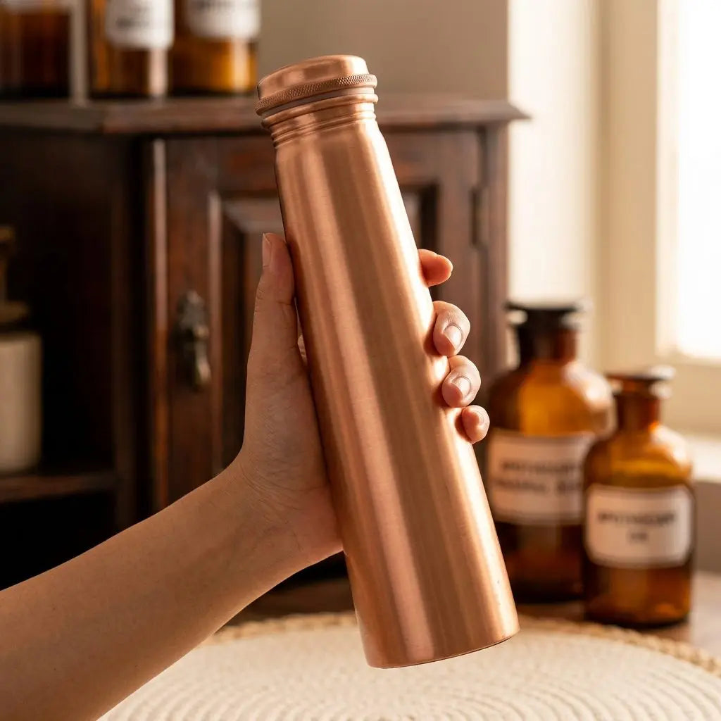 Hand hält die schlanke matte Kupfer-Trinkflasche in Turmform im warmen Apotheker-Ambiente