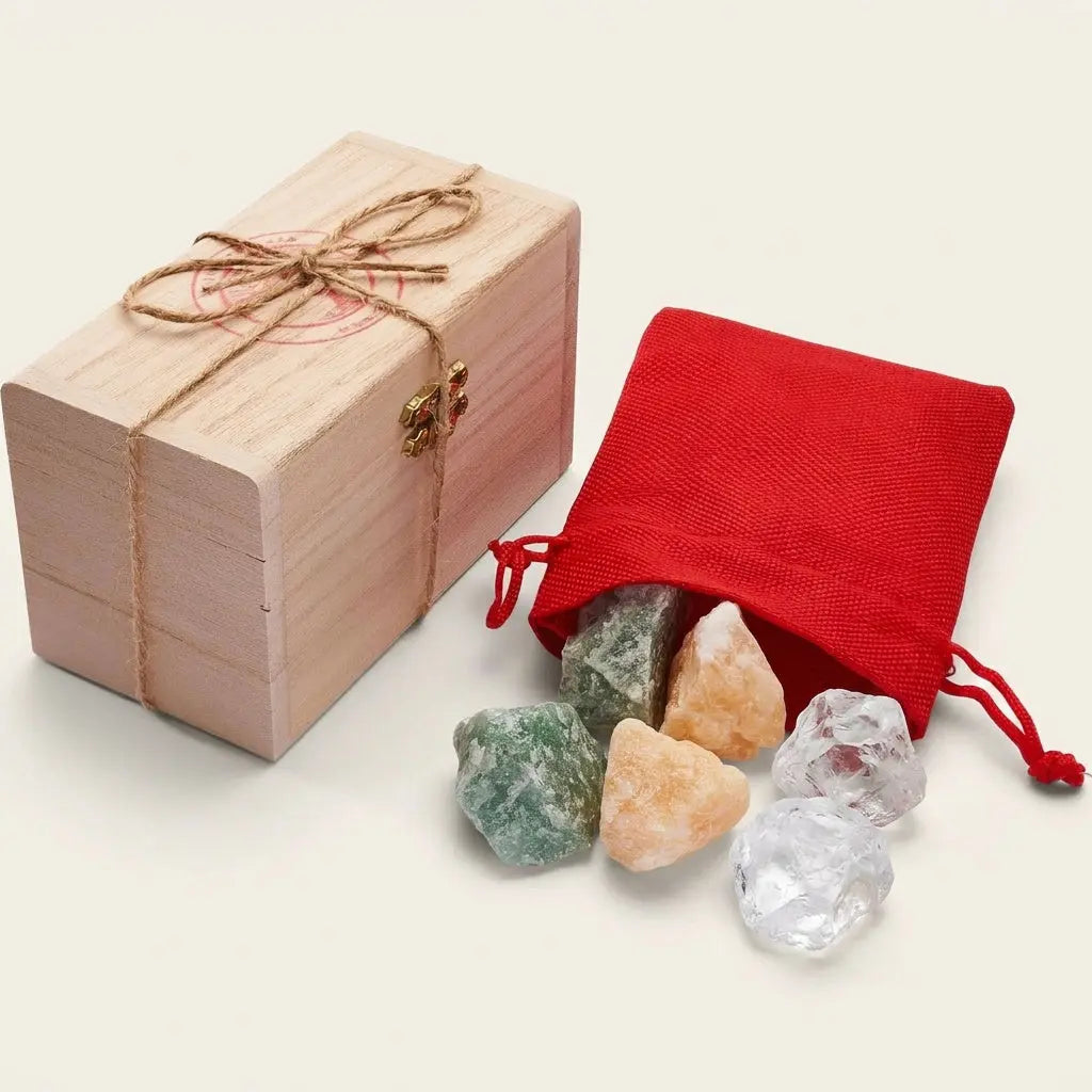 Wassersteine Kraft und Mut – Holzkästchen mit rotem Jutesäckchen und Rohsteinen Aventurin, Orangencalcit und Bergkristall vor hellem Hintergrund – Spirit of Gaia
