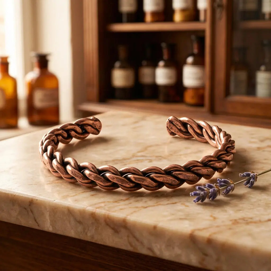 Geflochtener Kupferarmreif Kordeldesign mit Lavendel im Apothekerstil