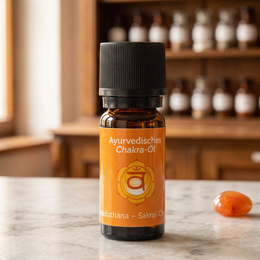 Ayurvedisches Chakra-Öl Svadisthana (Sakral-Chakra): 10-ml-Fläschchen aus Braunglas auf Marmortheke vor Apothekerschrank, daneben Karneol – Spirit of Gaia