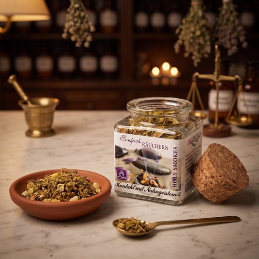 Kontakt mit Naturgeistern II, Räuchermischung der Reihe Einfach Räuchern von Berk, 50 ml im Korkglas: offenes Korkglas auf der Marmortheke einer alten Apotheke am Abend, davor eine Terracottaschale mit der losen Mischung, daneben Korken und Messinglöffel – Spirit of Gaia