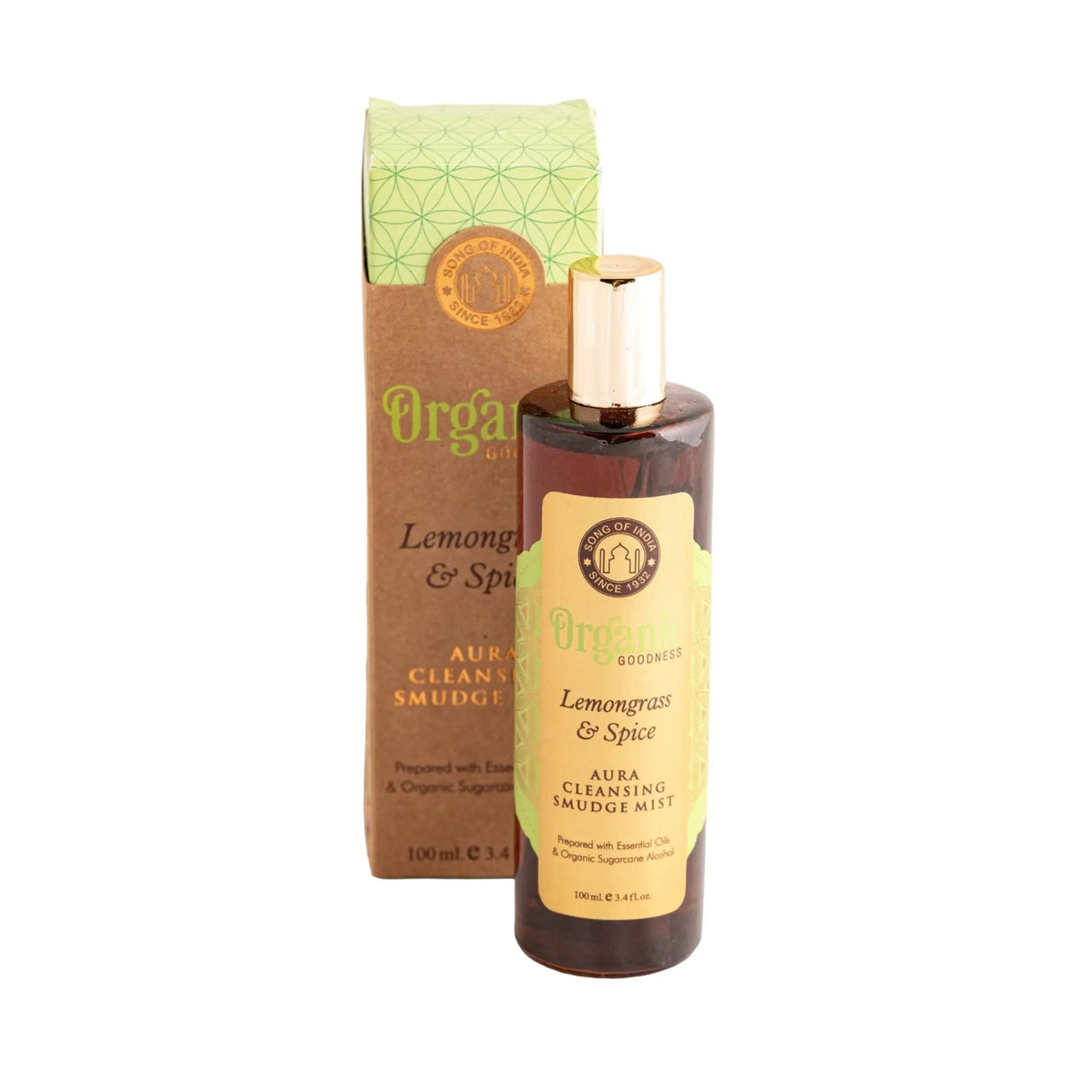 Aura Reinigungsspray Zitronengras und Gewürze, 100 ml, Flasche und Schachtel freigestellt auf weißem Grund