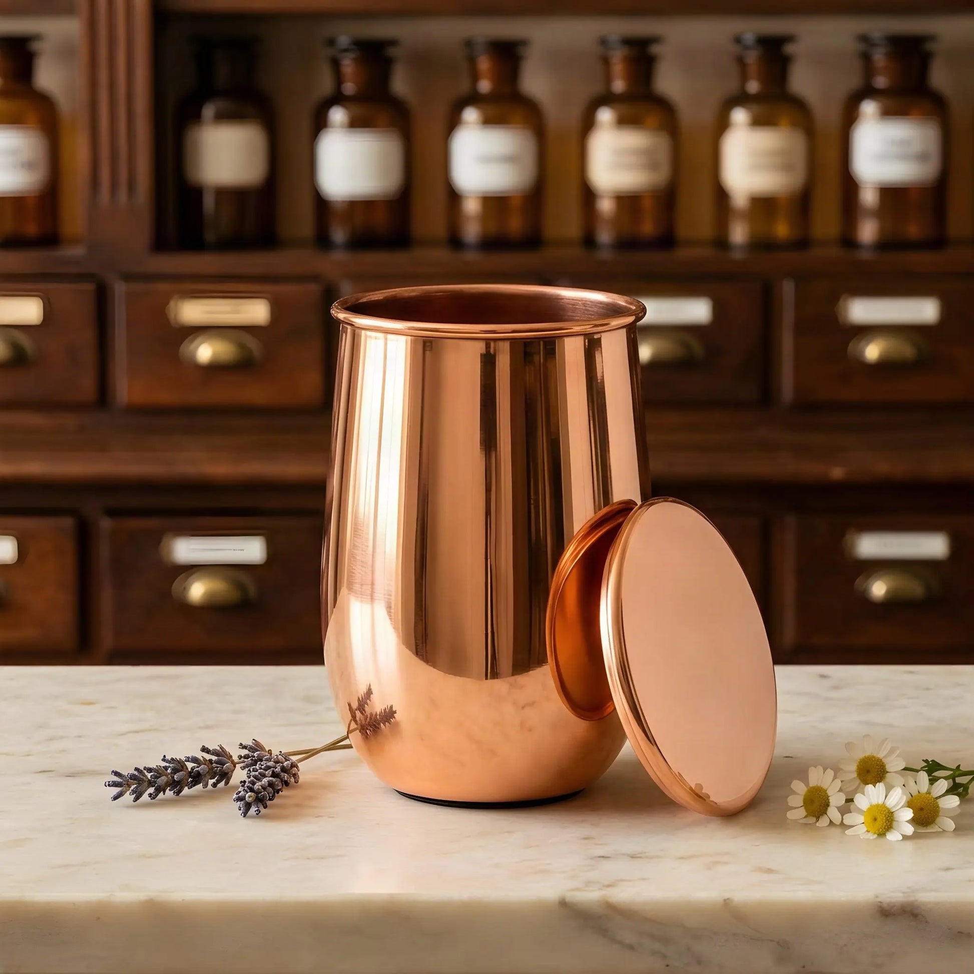 Polierter Kupferbecher mit angelehntem Deckel auf Marmortheke vor Apothekerschrank – Spirit of Gaia