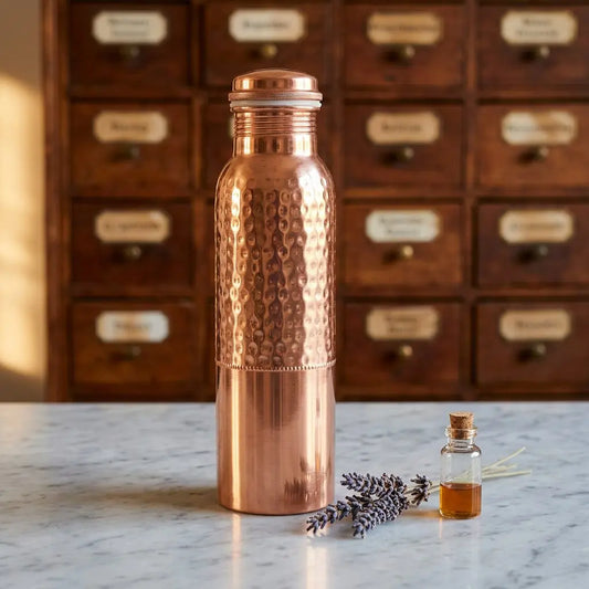 Kupfer-Trinkflasche mit Punkt-Hammerschlag auf Marmortheke vor Apothekerschrank – Spirit of Gaia