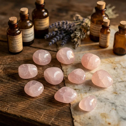 Rosenquarz Trommelsteine – mehrere Steine als Gruppe im Apotheker-Setting