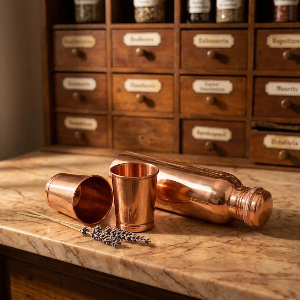 Liegende Kupferflasche mit Bechern und getrocknetem Lavendel im Apothekerstil