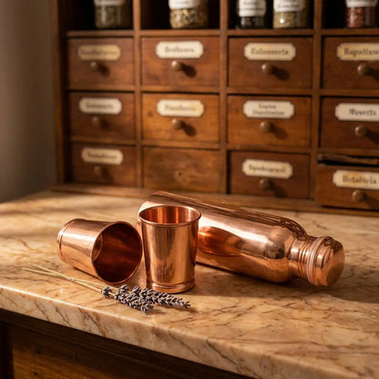 Liegende Kupferflasche mit Bechern und getrocknetem Lavendel im Apothekerstil