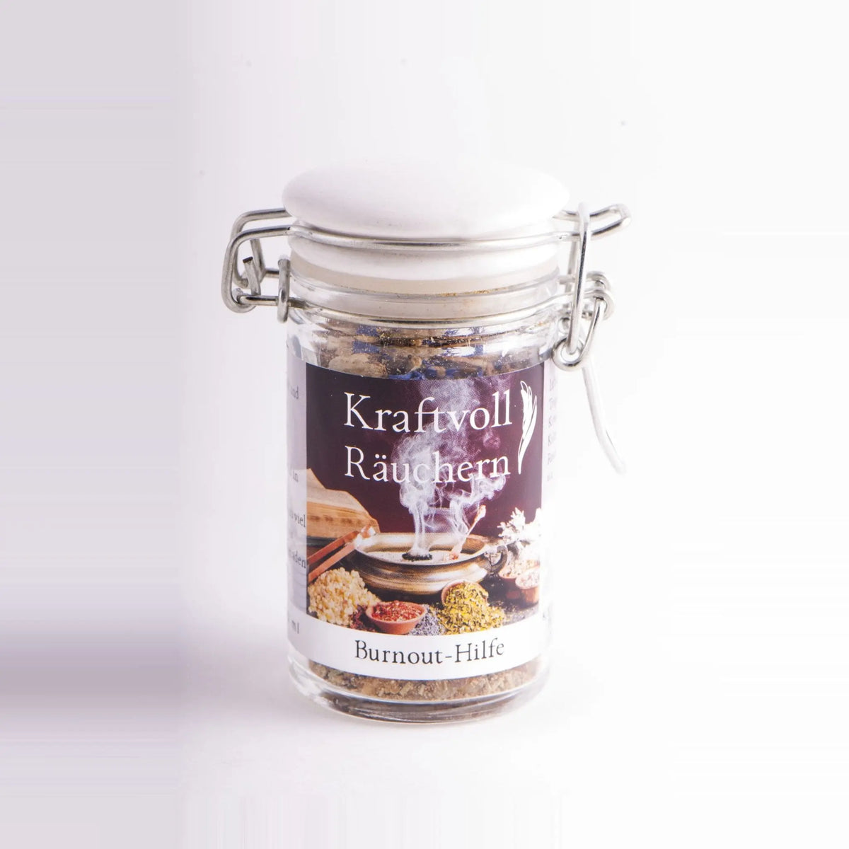 Burnout-Hilfe, Räuchermischung der Reihe Kraftvoll Räuchern von Berk, 60 ml im Bügelglas: Bügelglas mit weißem Deckel und Etikett vor hellem Grund