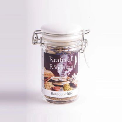 Burnout-Hilfe, Räuchermischung der Reihe Kraftvoll Räuchern von Berk, 60 ml im Bügelglas: Bügelglas mit weißem Deckel und Etikett vor hellem Grund