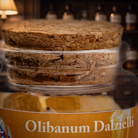 Olibanum Dalzielli, reiner Weihrauch von Berk, 60 ml im Korkglas: Nahaufnahme des Glases mit Weihrauchharz, Korken und Etikett vor der warmen, unscharfen Abendapotheke – Spirit of Gaia